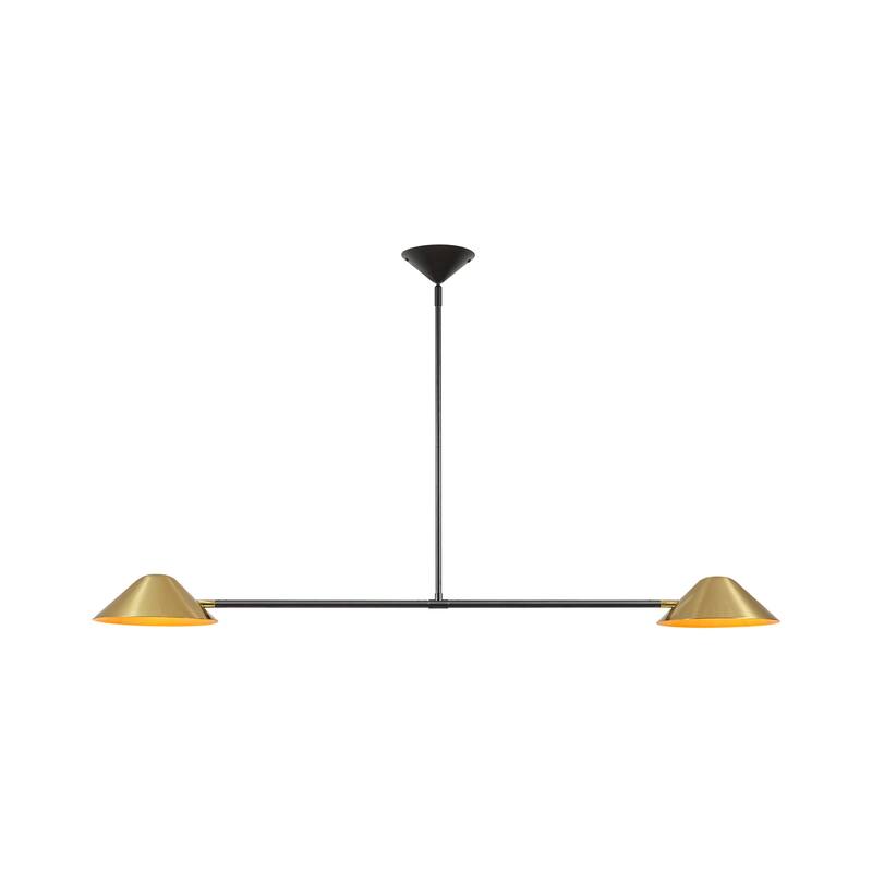 2-Light Industrial Black and Brass Linear Cone Pendant Light - 53.94" L × 3.94" H × 9.84" D
