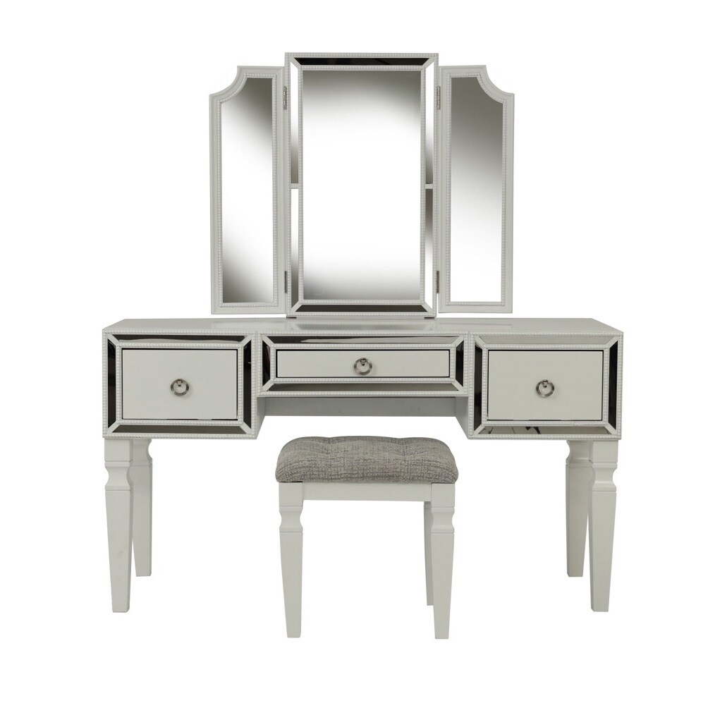 Poundex Wooden Makeup Vanity Set with Tri fold Mirror and Stool