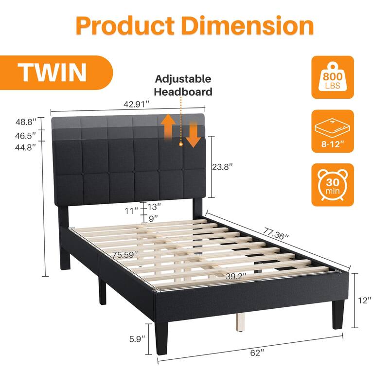Queen Size Platform Bed Frame with Fabric Upholstered Headboard and Wooden Slats Support, No Box Spring Needed/Easy Assembly