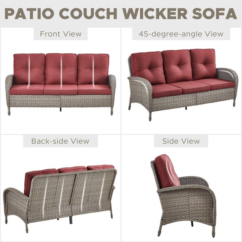 3-Seat Patio Wicker Sofa Soft Cushion Grey - Red