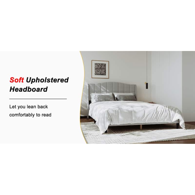 Upholstered Platform Bed Frame with Wingback Headboard and Wooden Slats