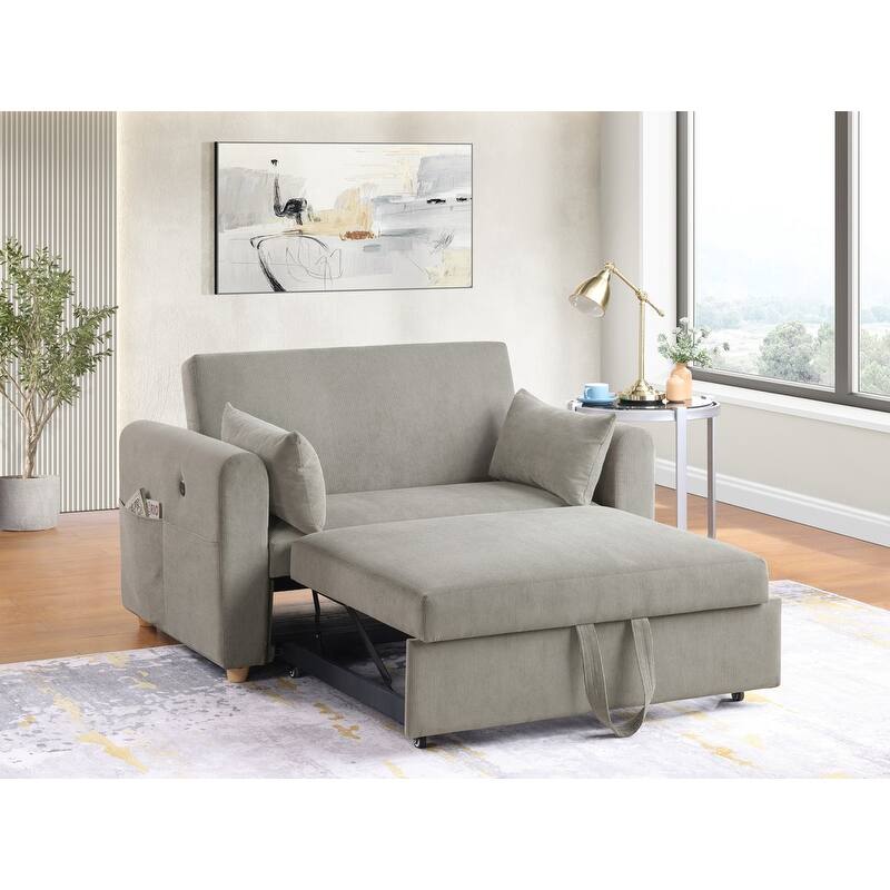Marielle 55"W Corduroy Convertible Sleeper Loveseat with USB Ports, Magazine Pockets, and Pillows - Gray