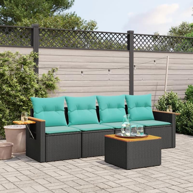 vidaXL 5 Piece Patio Sofa Set with Cushions Black Poly Rattan - 21.7 x 24.4 x 27.2