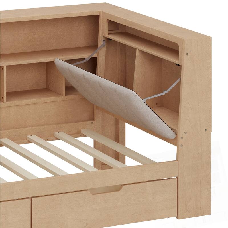 L-shaped Wooden Daybed with Desk and Storage Bookcase with Upholstered Headboard