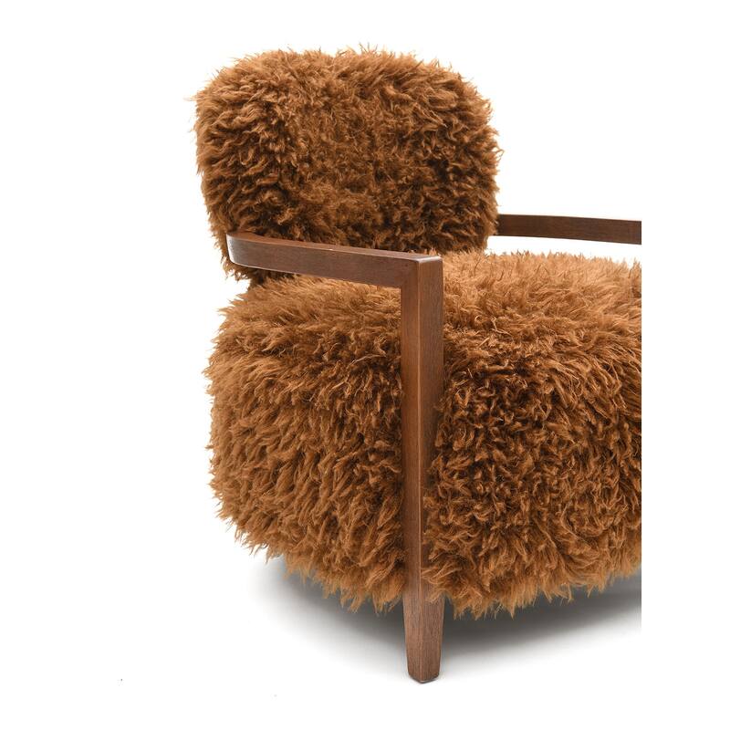 1pc Accent Chair Raked Wooden Arms Tight Back And Seat Soft Faux Fur Contemporary Living Room Furniture