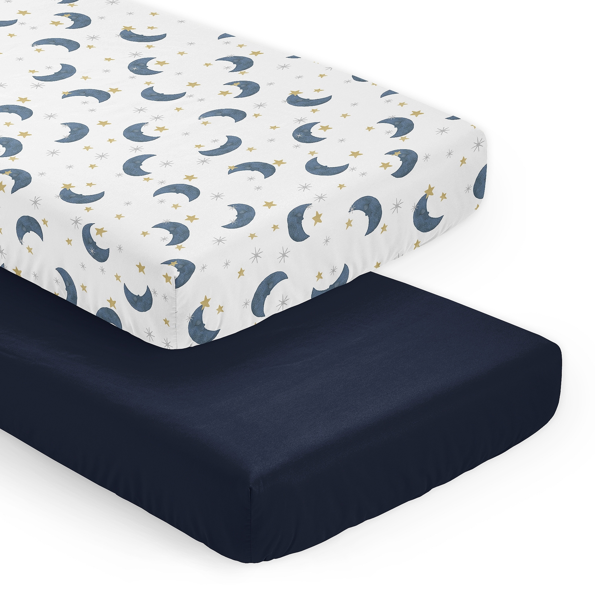 Sweet Jojo Designs Moon and Star Boy, Girl, Unisex/Gender Neutral 2 Pack Fitted Crib Sheets - Solid Blue & Watercolor, Celestial