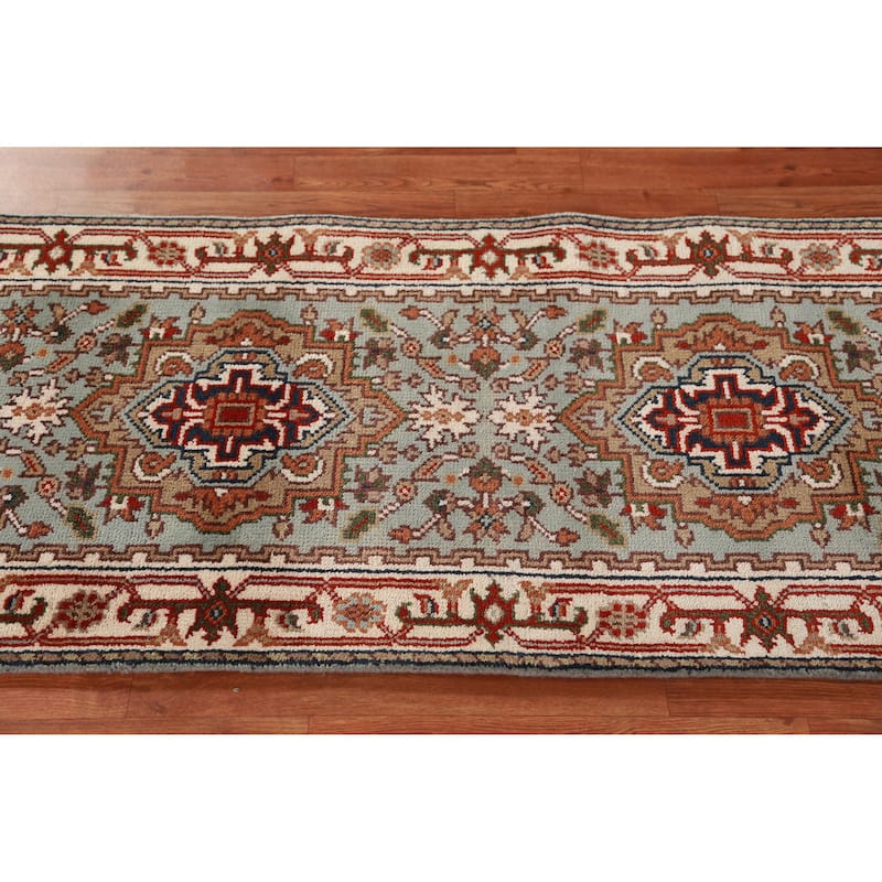 Hand Knotted Oriental 100% Wool Carpet Traditional Geometric Green Heriz (serapi) Runner Rug - 10' 2'' X 2' 6''