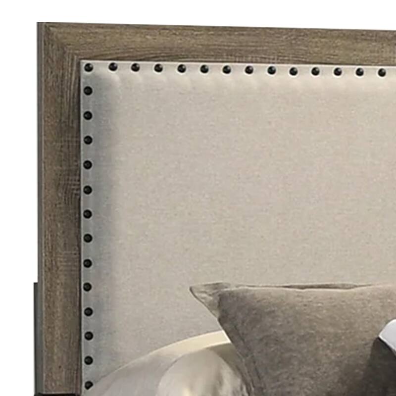 Shannon Full Panel Bed with Nailhead Trim, Ivory Fabric, Gray Wood