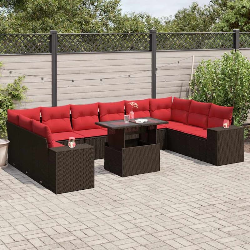 vidaXL Patio Sofa Set with Cushions Table and Couches 11 Piece Poly Rattan - 24.4" x 24.4" x 27.2" - Brown