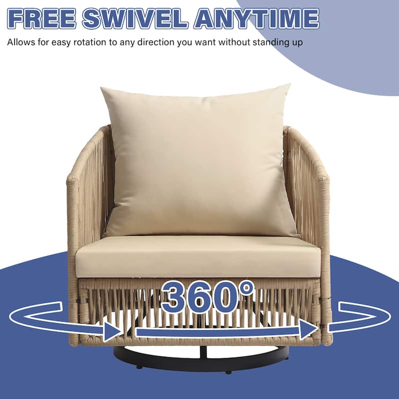 3 Piece Patio Woven Rope Swivel Chair Seating Group with Cushions