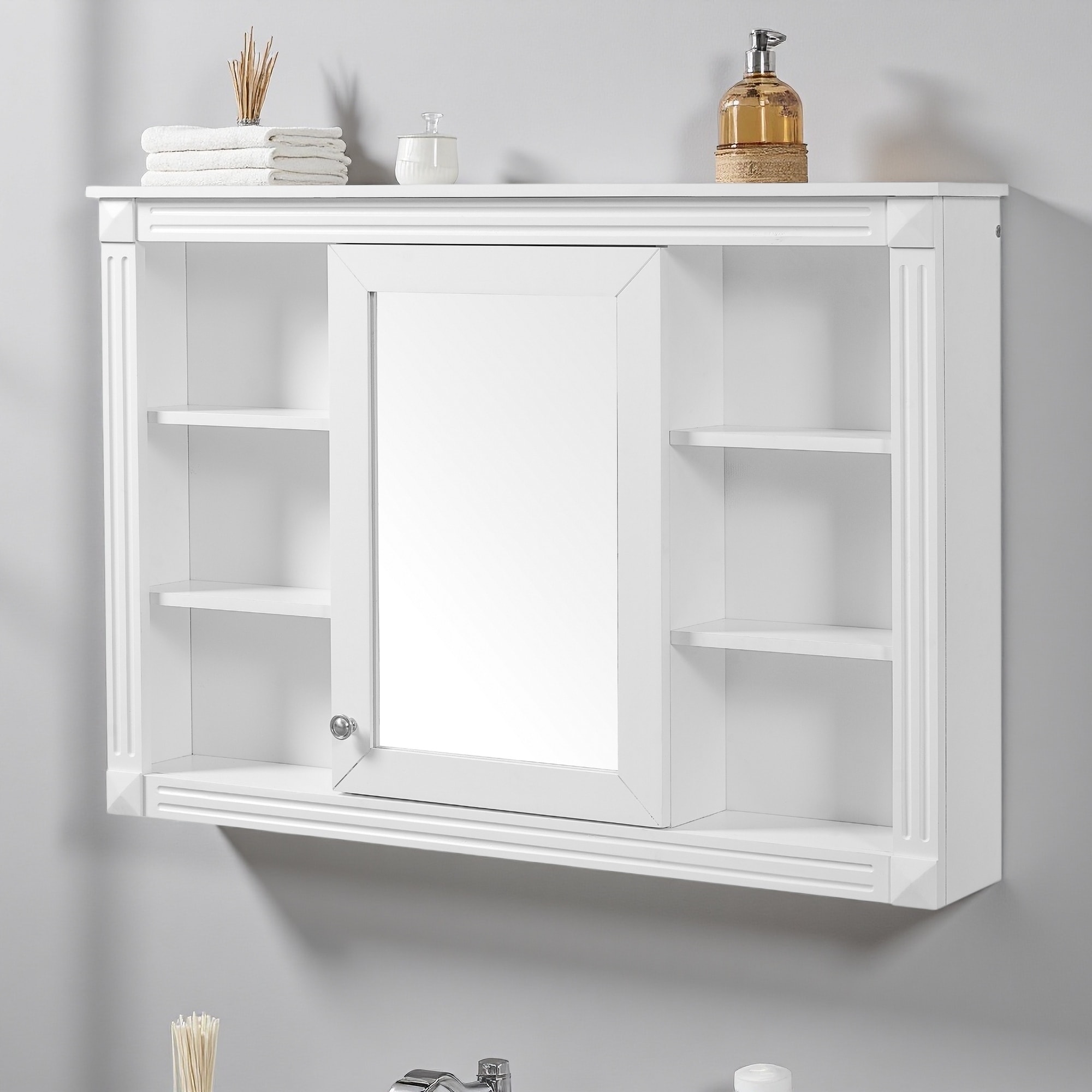 42" Wall-Mounted Bathroom Storage Cabinet with Mirror, Medicine Cabinet, Modern Wall Cabinet with 6 Open Shelves