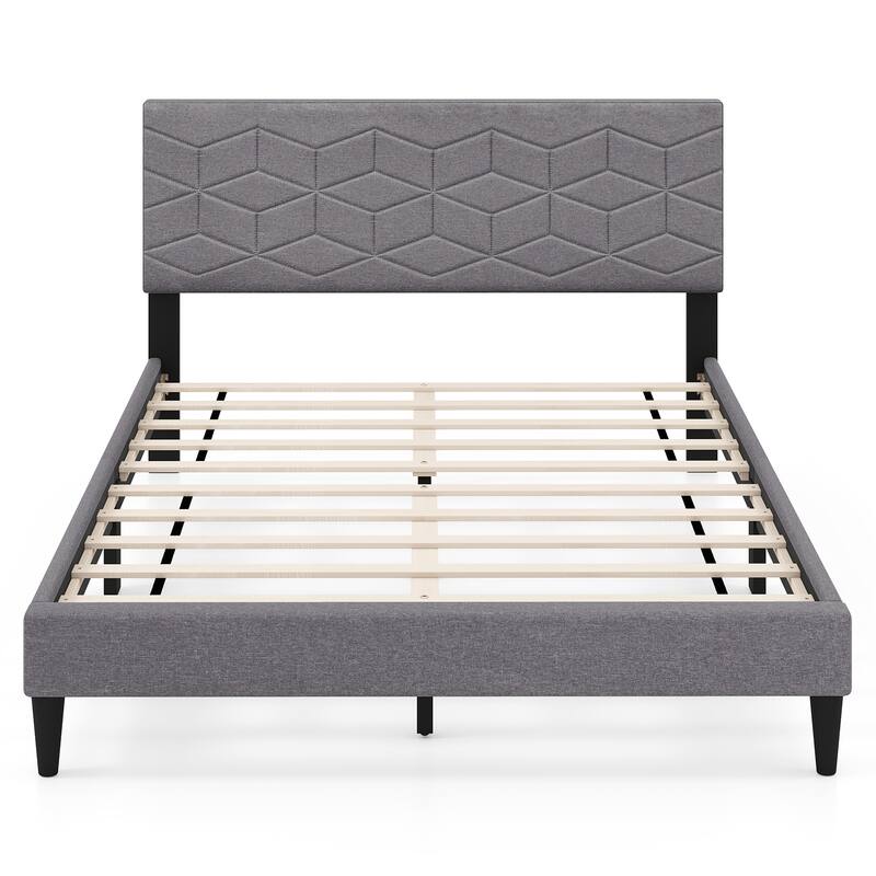 Grey Upholstered Bed Frame with Linen Headboard and Low-Profile Design Box-Spring-Free Setup