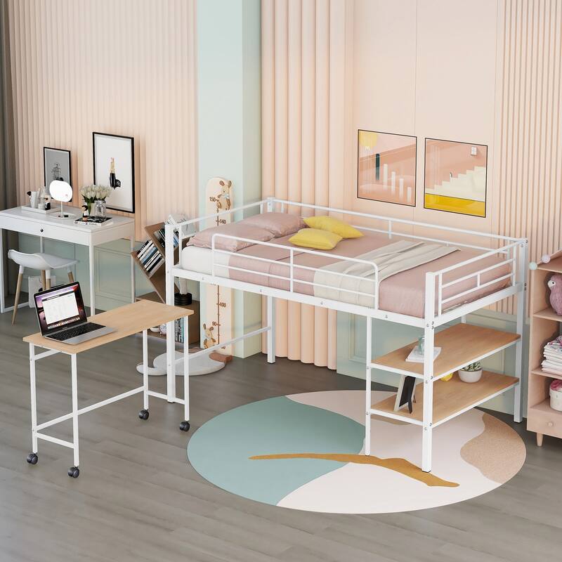 Modern Twin Loft Bed with Desk and Ladder Shelves, Sturdy Metal Frame