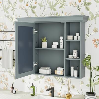 35'' x 28'' Blue Wall-Mounted Bathroom Storage Cabinet with Mirror Door & 6 Open Shelves - Modern Medicine Cabinet