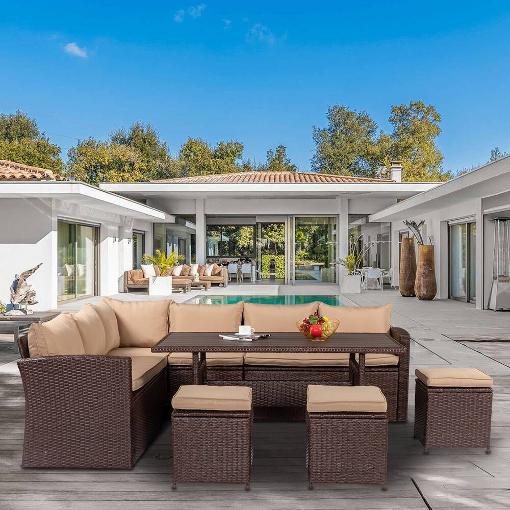 8-Piece Set Outdoor Rattan Dining Table And Chair Brown with Cushion