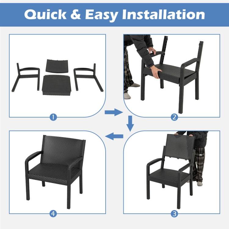 3 Piece Black PP Rattan Patio Chairs with Side Table for Outdoor Seating - Chair: 25" x 23" x 30.5"