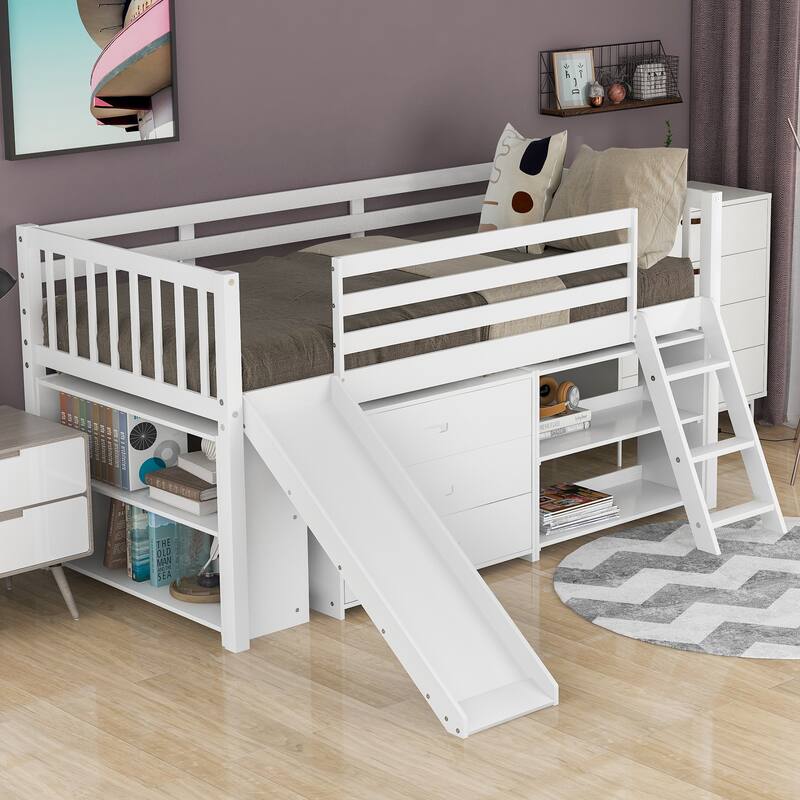 Twin Size Low Loft Bed with Attached Bookcases and Separate 3Tier Drawers, Wooden Bunkbed Frame
