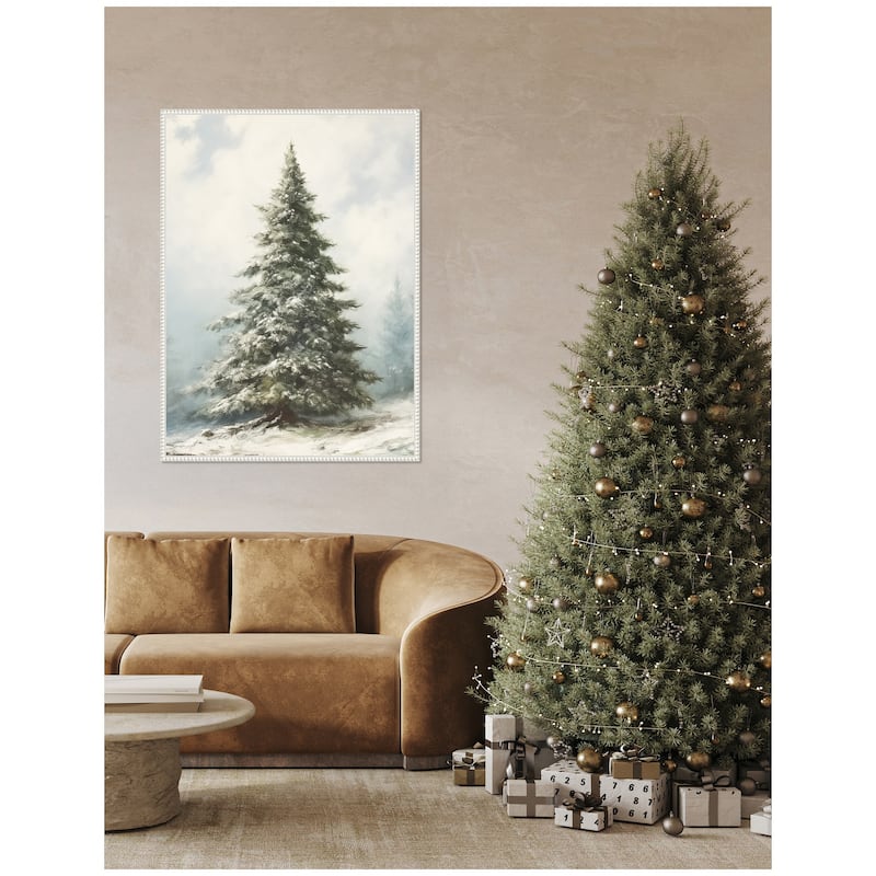 Kate and Laurel Sylvie Beaded Snow Covered Evergreen Fir Tree Framed Canvas by The Creative Bunch Studio