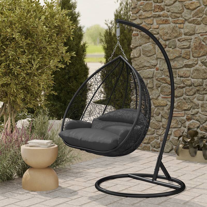 2-Person Outdoor Hanging Egg Chair with Teardrop Frame, Weather-Resistant Cotton Cushioned Seat for Patio and Indoor Use