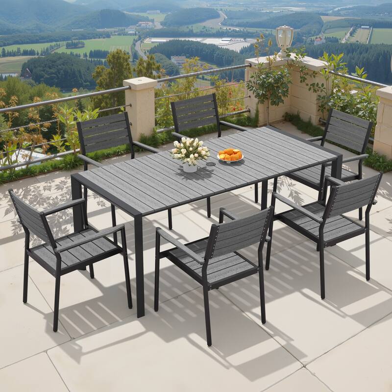 7-Piece Outdoor Patio Dining Set Rectangle Dining Table with Umbrella Hole and Stackable Chairs - Grey