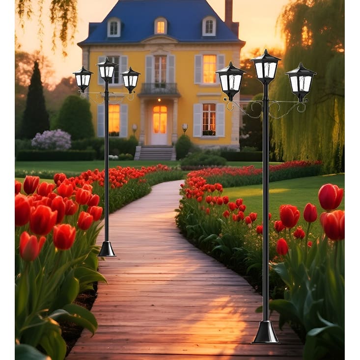 Outdoor 72" Solar Lamp Post LED Triple Head with Dusk to Dawn Sensor for Patio, Walkway, Lawn - Black - Black