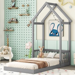 Twin Size Roof-Framed Headboard Floor Bed Frame with Headboard Guardrails, without Slats, No Need Spring Box