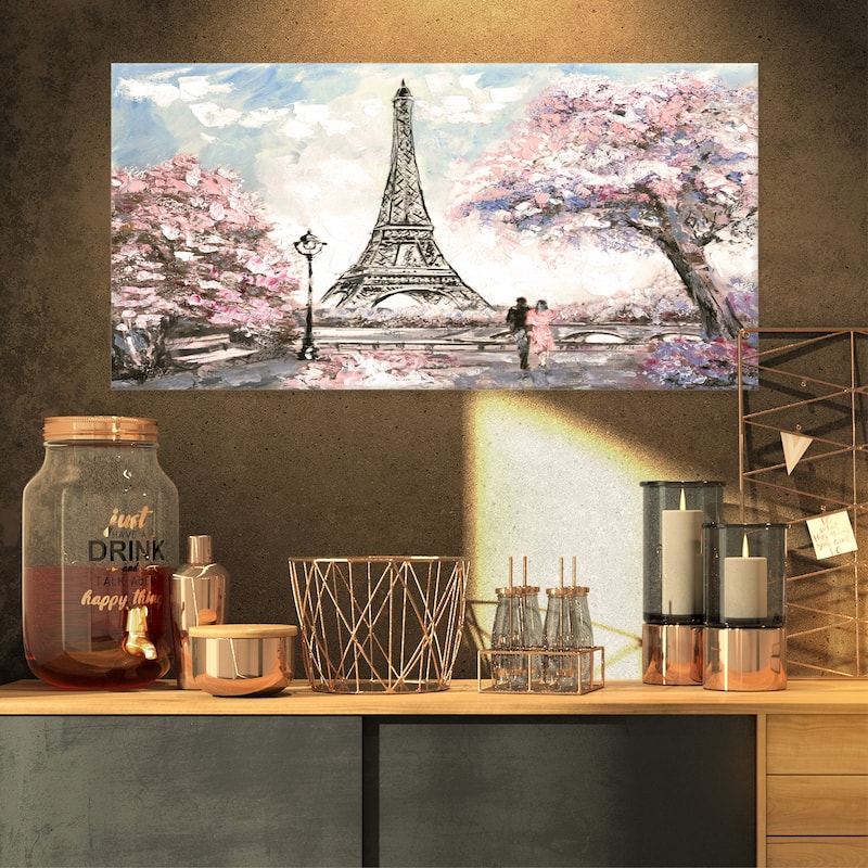 Designart Eiffel with Pink Flowers Landscape Canvas Art Print - 32 in. wide x 16 in. high