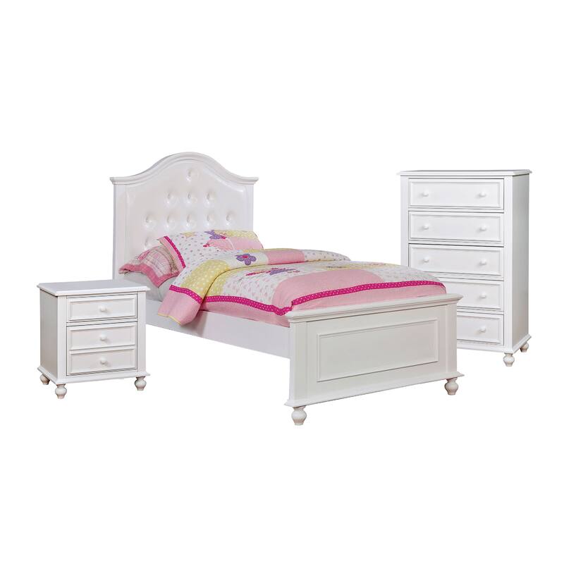 Aure 3 Pc Full Size Kids Bedroom Set, Curved Tufted Headboard, White