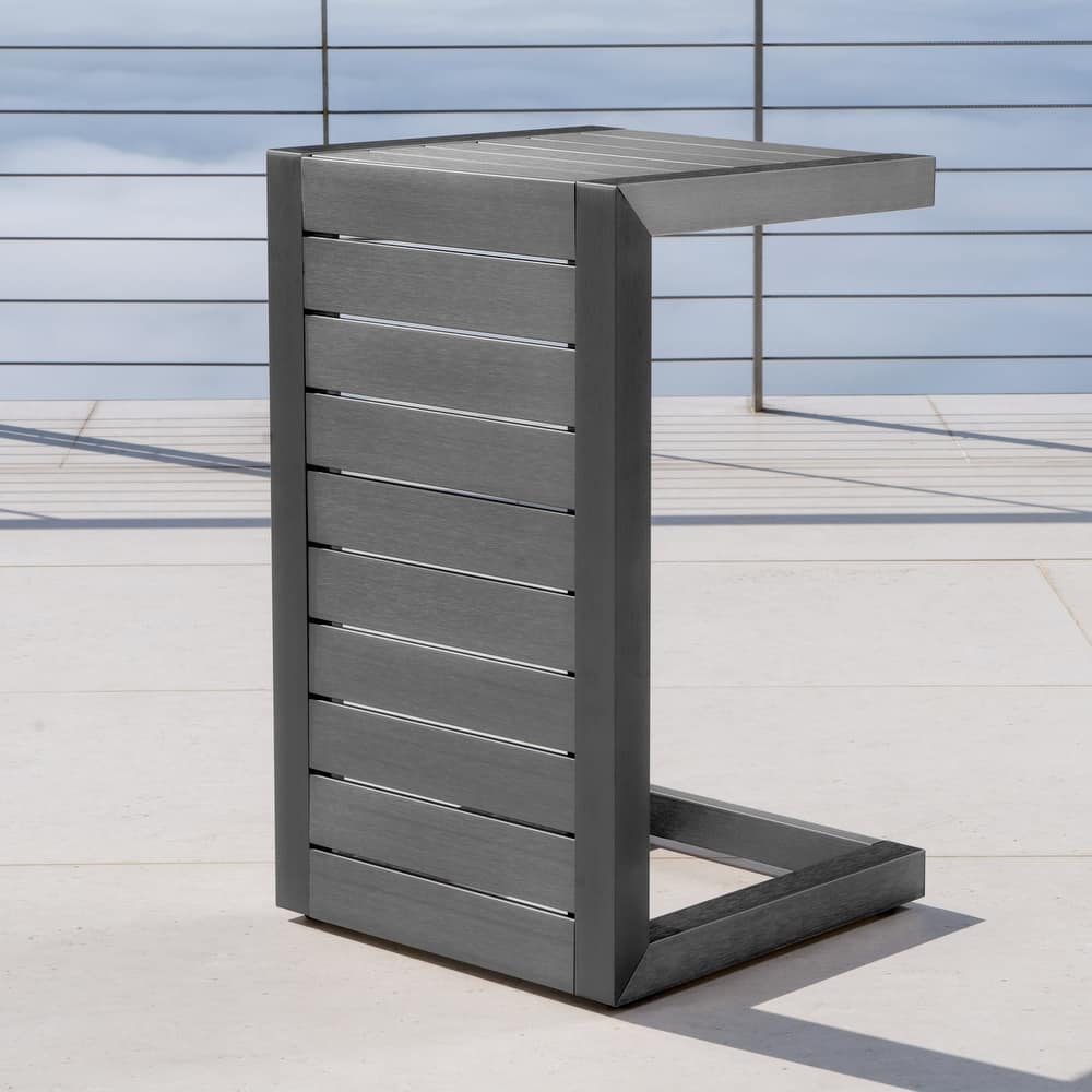 Roomfitters Modern Outdoor Side Table with Slatted Aluminium Frame, Weather-Resistant Accent Table for Patio