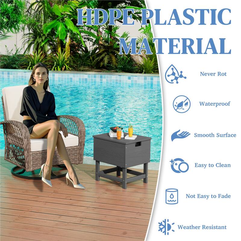 Outdoor Patio Weather Resistant HDPE Coffee & Side Table, Build-in Stainless Steel Cooler Bucket