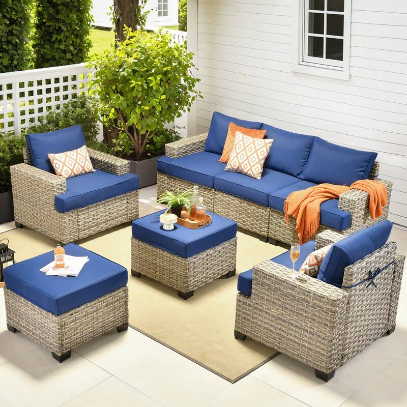 OVIOS 7-Piece T Shaped Seat Wide Armrest Patio Conversation Set - Navy Blue