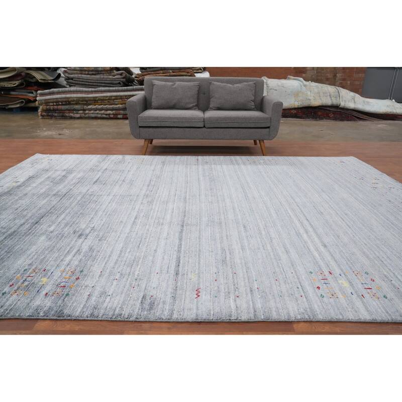 Hand Knotted Oriental Viscose Silk Carpet Tribal Animal Pictorial Greys & Charcoal Gabbeh Area Rug - 11' 9'' X 8' 7''
