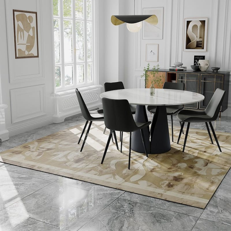 Modern Round White Dining Table，Sintered Stone Tabletop, Solid Black Carbon Steel Base