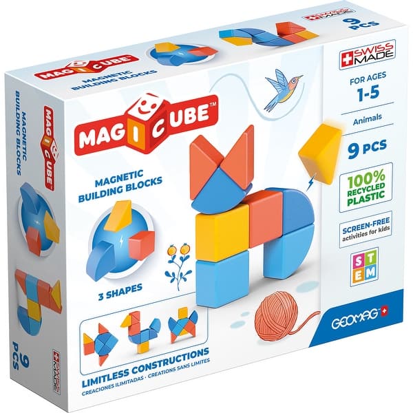 slide 2 of 4, Geomag Magicubes Shapes Magnetic Building Blocks Recycled, 9 Pieces Blue, Light Blue, Yellow, Orange - Kids