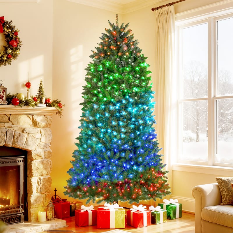HOMCOM 7.5ft Smart Prelit Xmas Tree: Full-Spectrum RGB, App/Remote, Hinged, Easy Assembly, Green