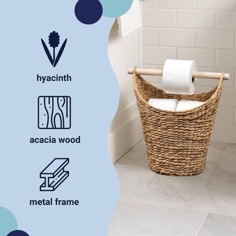 happimess, Talia Hand-Woven Water Hyacinth Toilet Paper Basket with Wood Bar