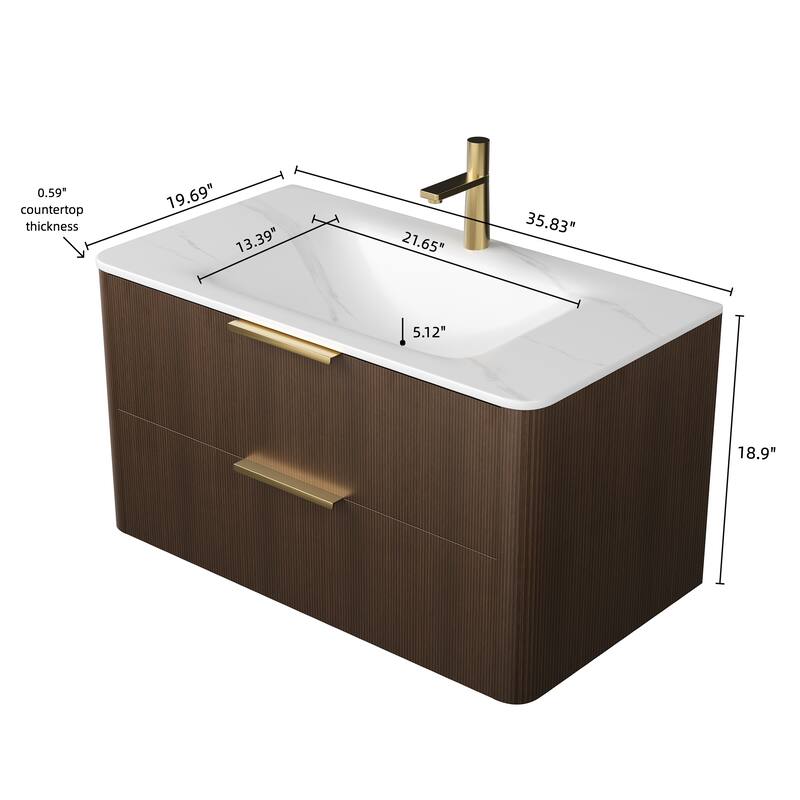 30"Floating Bathroom Vanity with Ultra-Pinstriped Plywood Storage, Drawers, and Carrara White Sintered Stone Integrated Basin‌.