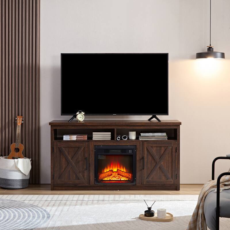 Farmhouse TV Media Stand, Large Barn Inspired Home Entertainment Console, with 18" Fireplace Insert, for TV Up to 65'', with Ope