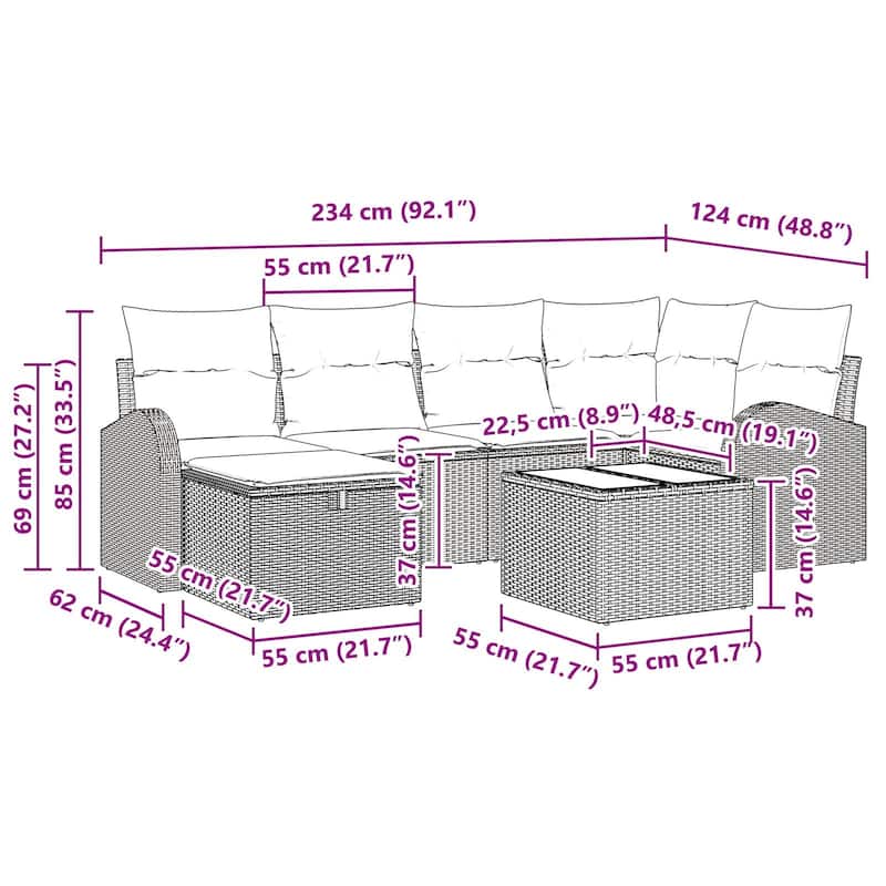 vidaXL 6/7 Garden Sofa Set with Cushions Black/Brown/Grey Poly Rattan - 92.1 x 48.8 x 27.2