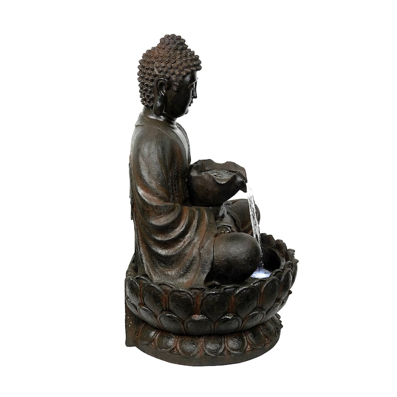 Alpine Corporation WIN1586 Outdoor Floor Peaceful Buddha Fountain with LED Lights, Buddha Garden Water Fountain, 44"H, Brown