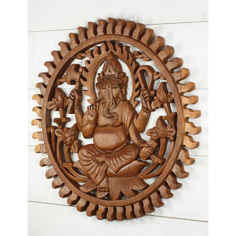 Hand Carved Wooden Ganesha Wall Panel Hindu Elephant God Art, Lotus Floral Mandala