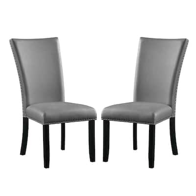 Set of 2 Faux Leather Dining Chairs with Nailhead Trim in Gray and Black