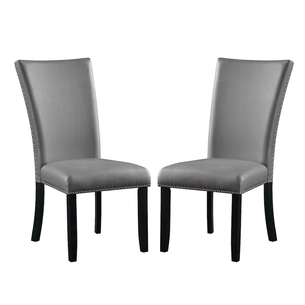 Set of 2 Faux Leather Dining Chairs with Nailhead Trim in Gray and Black