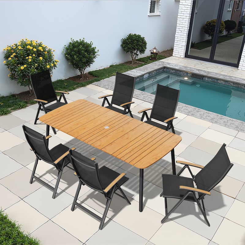 7/9PC Patio Dining Table Rectangular Aluminum Outdoor Table with Folding Chairs - 81.5in-BrownTable-7PC