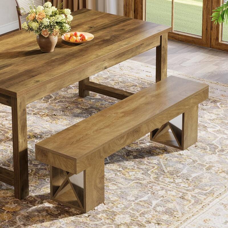 55-Inch Extra Long Dining Bench, Farmhouse Wooden Entryway Bench, Indoor End of Bed Stool for Dining Room, Bedroom, Hallway - Brown