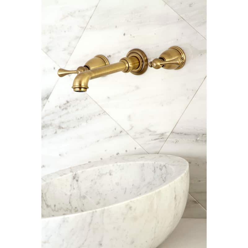 English Country Two-Handle Wall Mount Bathroom Faucet in Polished Brass