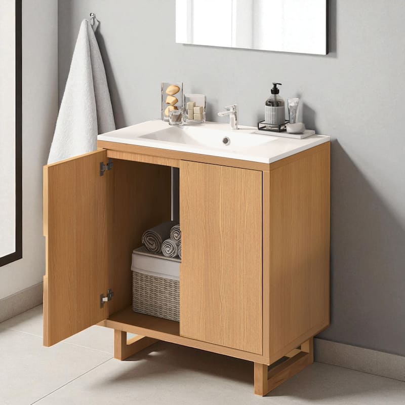 30'' Bathroom Vanity with Sink, Solid Wood Frame, Soft-Close Doors, Resin Basin, Freestanding Storage Cabinet
