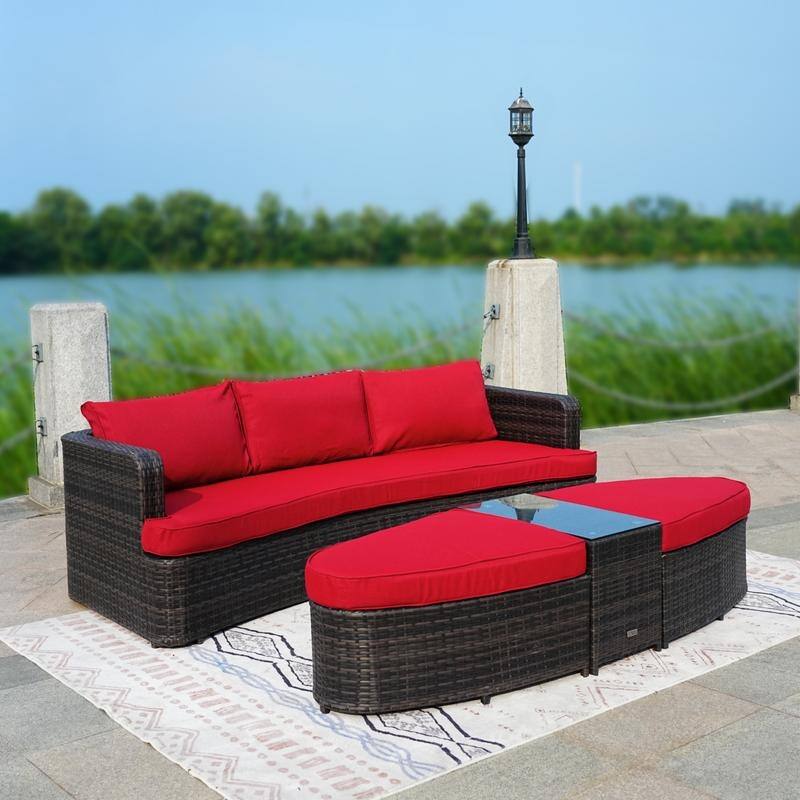 5-piece Patio Wicker Daybed Sectional Sofa Set with Side Table