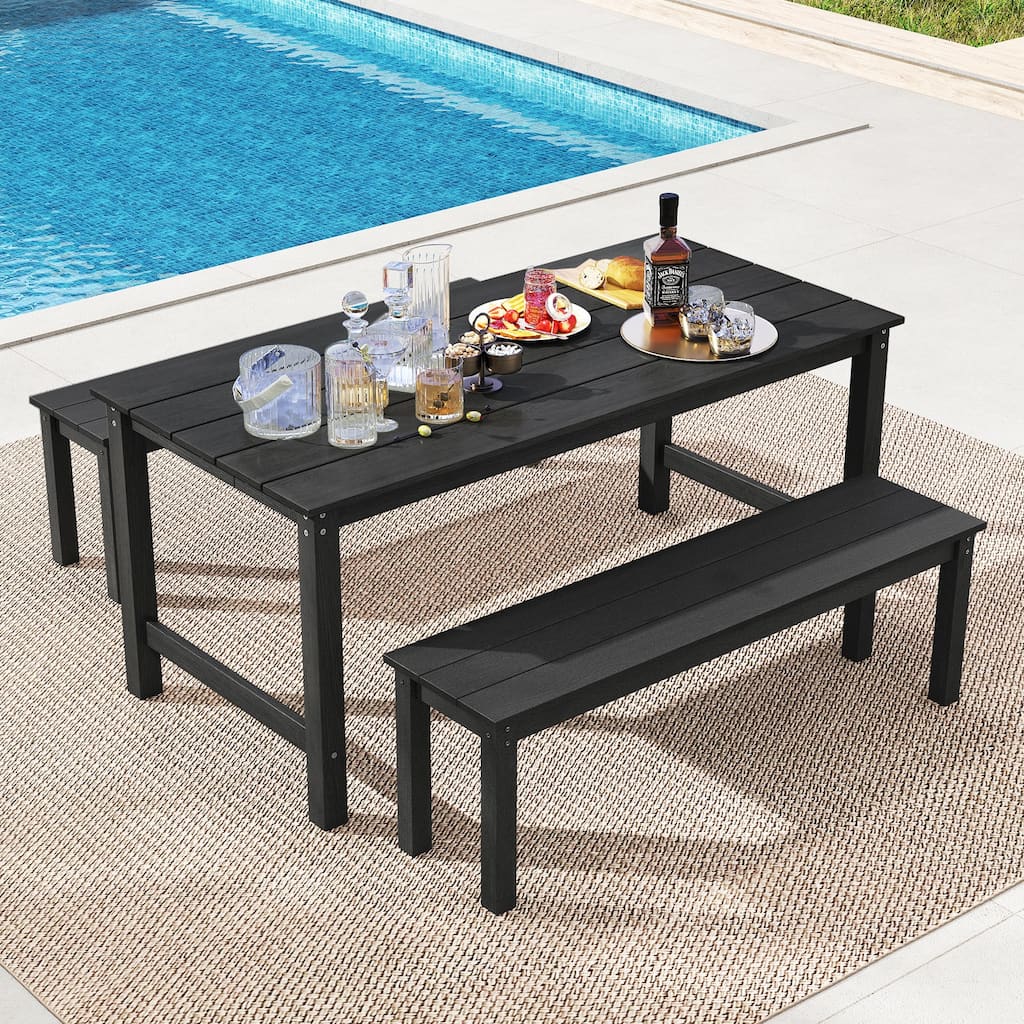 Gymax 3PCS Dining Table Set w/ 2 BenchesPatio HDPE Weather Resistant