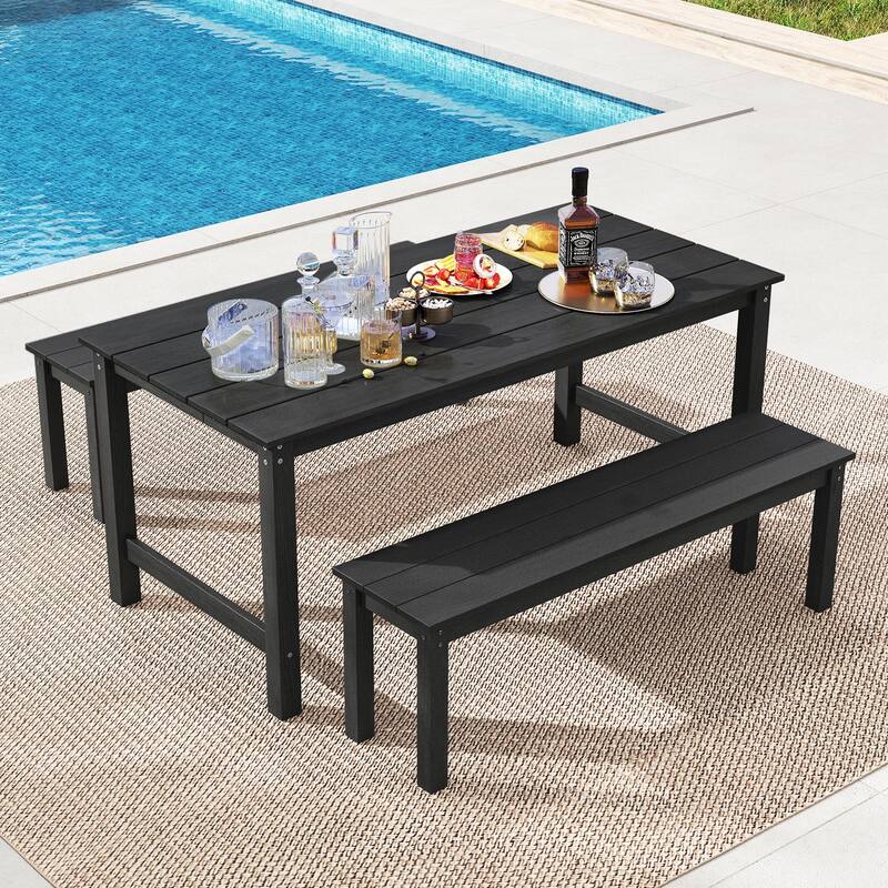 Gymax 3PCS Dining Table Set w/ 2 BenchesPatio HDPE Weather Resistant - Black